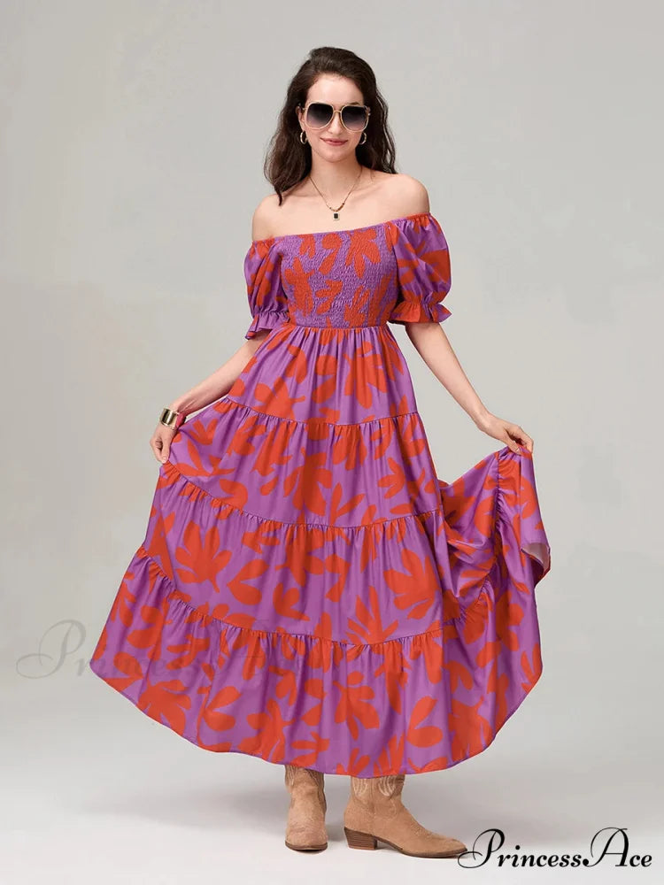 Flowery Pattern Loose Puff Sleeve Square Neck A-Line Holiday Flowery Dress floraldress-250126