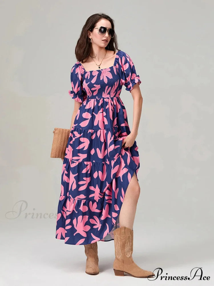 Flowery Pattern Loose Puff Sleeve Square Neck A-Line Holiday Flowery Dress PURPLE / S floraldress-250126