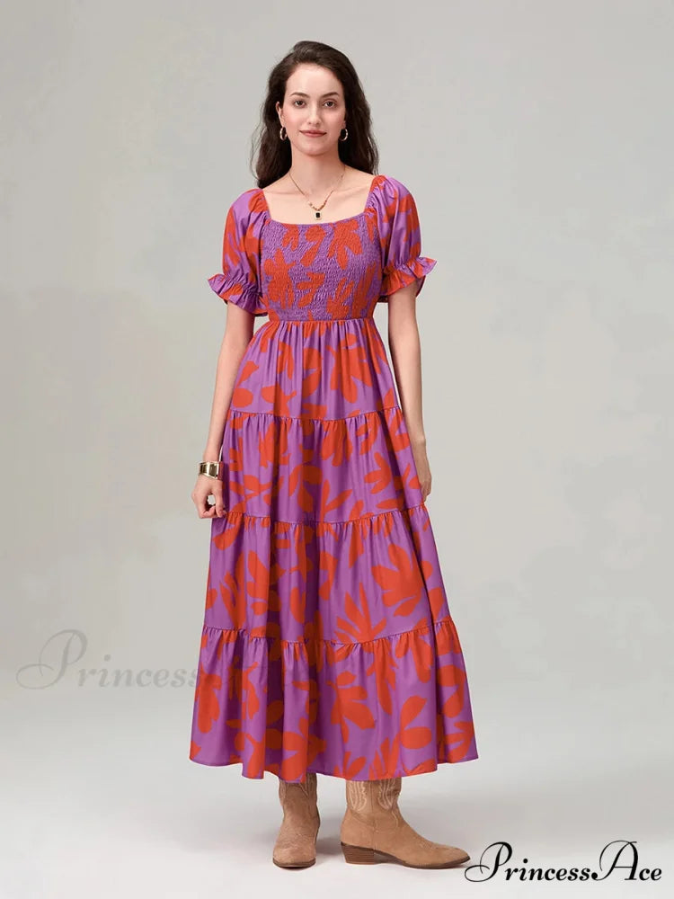 Flowery Pattern Loose Puff Sleeve Square Neck A-Line Holiday Flowery Dress Rose Red / S floraldress-250126