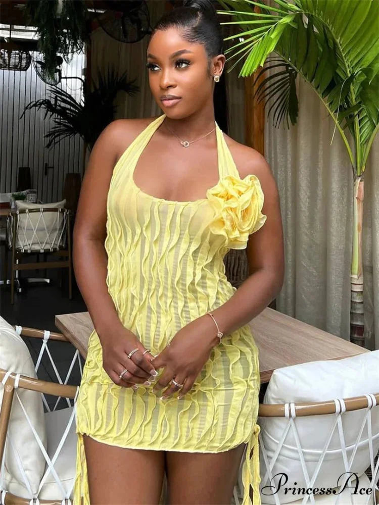 Flowery Transparent Frilled Mini Dress Yellow / S minidress-250223