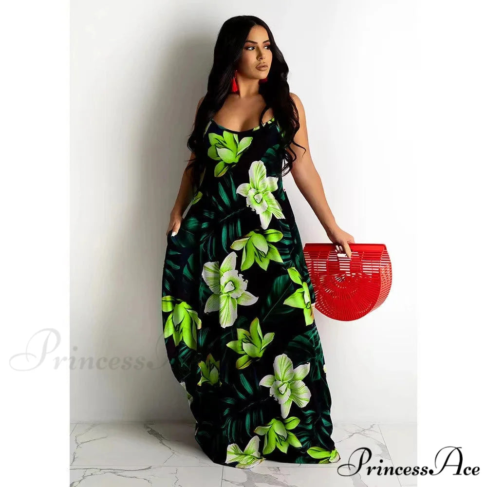 Flowing Flower Pattern Slip Dress Maxi Skirt Flower Dress Green / S floraldress-250126