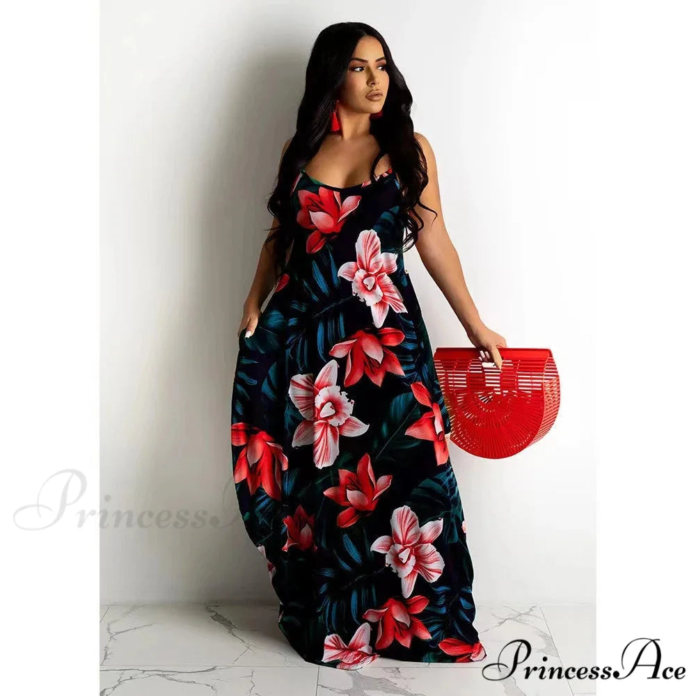 Flowing Flower Pattern Slip Dress Maxi Skirt Flower Dress honghua-lancao / S floraldress-250126