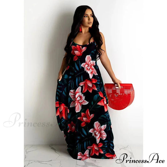 Flowing Flower Pattern Slip Dress Maxi Skirt Flower Dress honghua-lancao / S floraldress-250126