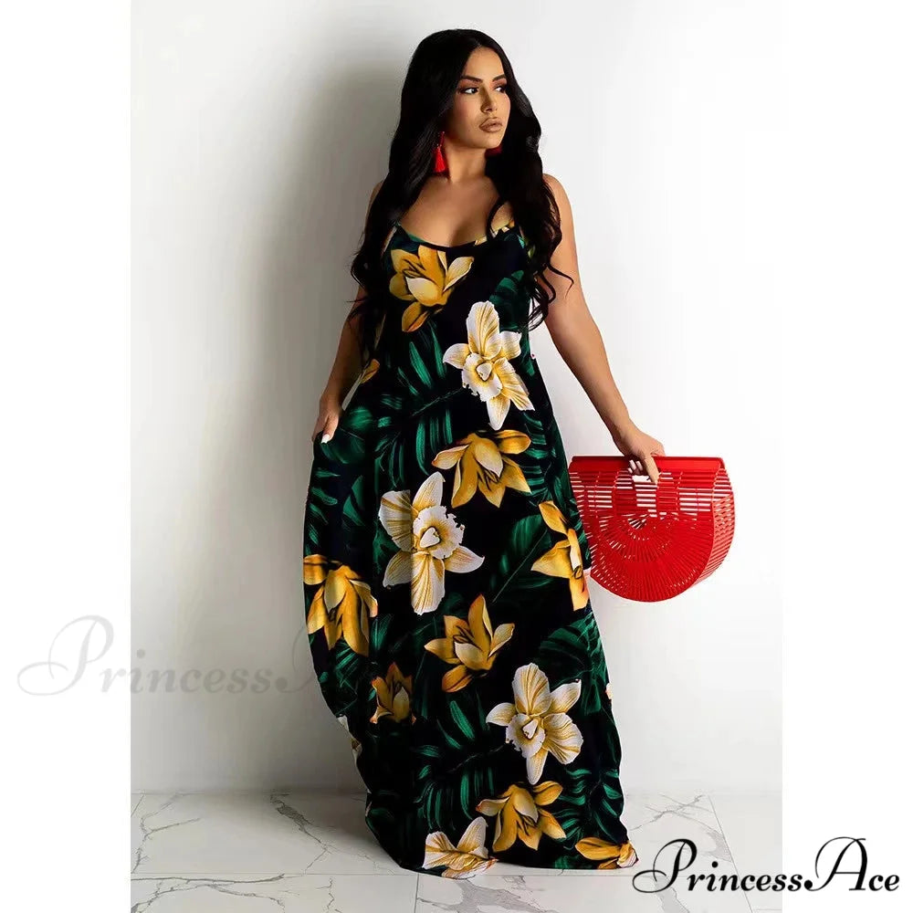 Flowing Flower Pattern Slip Dress Maxi Skirt Flower Dress Yellow / S floraldress-250126