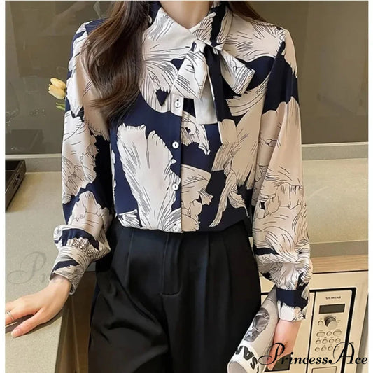 Flowy Blossom Button Up Long Sleeve Blouse Blue / S blouse-250126