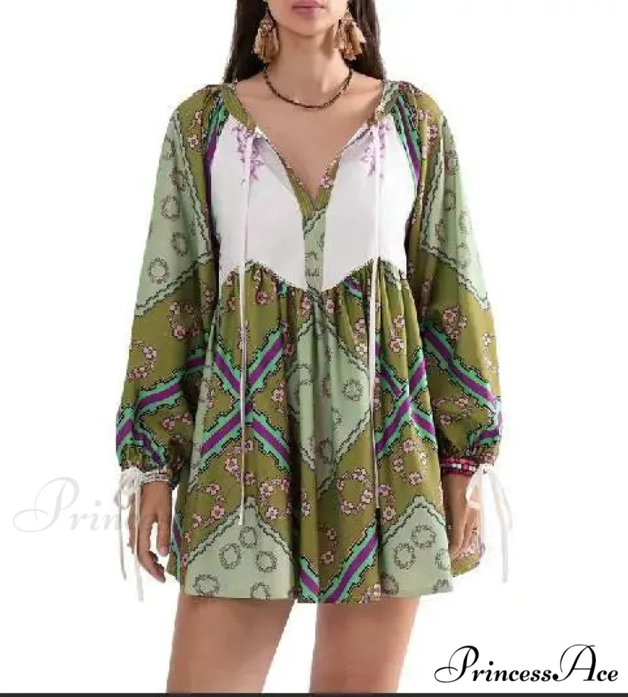 Flowy Flower Bohemian Short Dress army green / S bohodress-250126