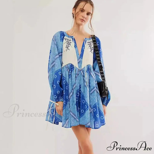 Flowy Flower Bohemian Short Dress Blue / S bohodress-250126