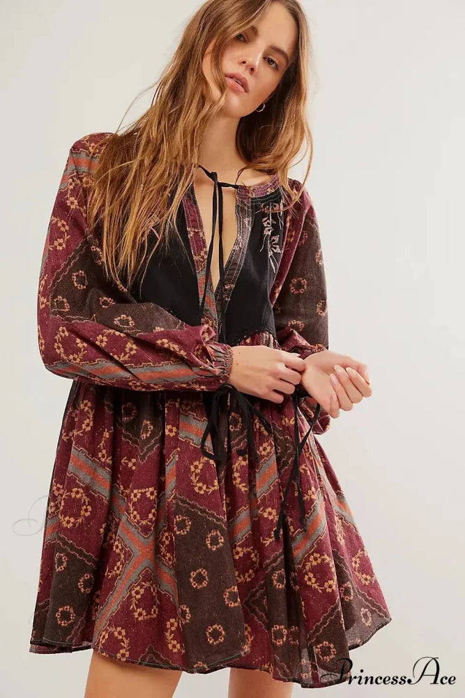 Flowy Flower Bohemian Short Dress Burgundy / S bohodress-250126