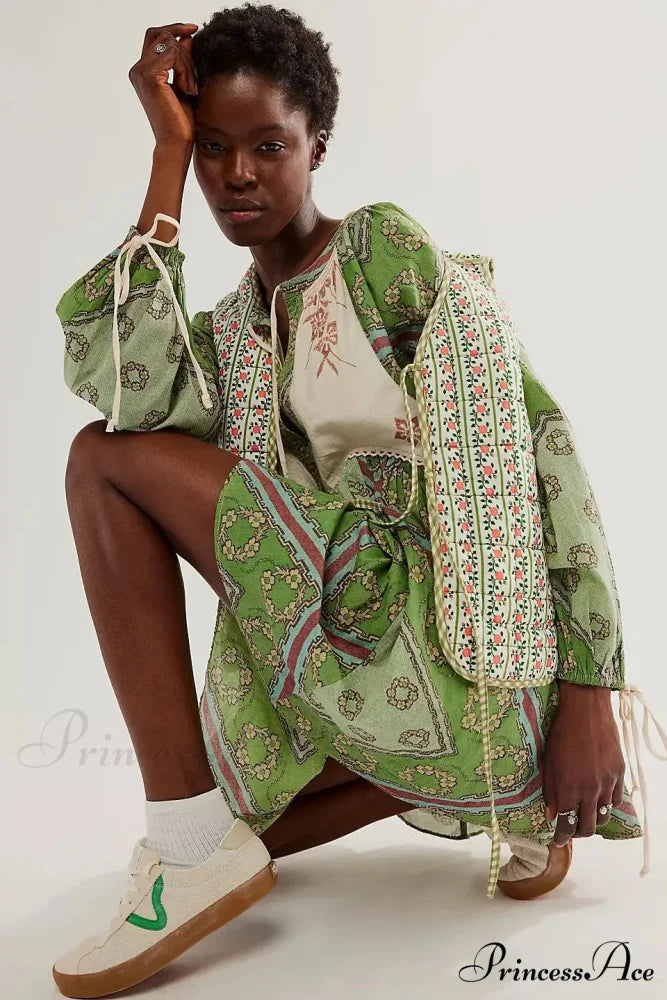 Flowy Flower Bohemian Short Dress Green / S bohodress-250126