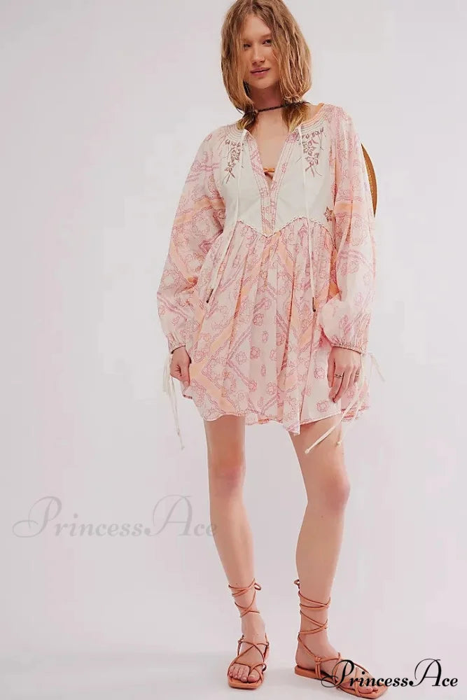 Flowy Flower Bohemian Short Dress Pink / S bohodress-250126