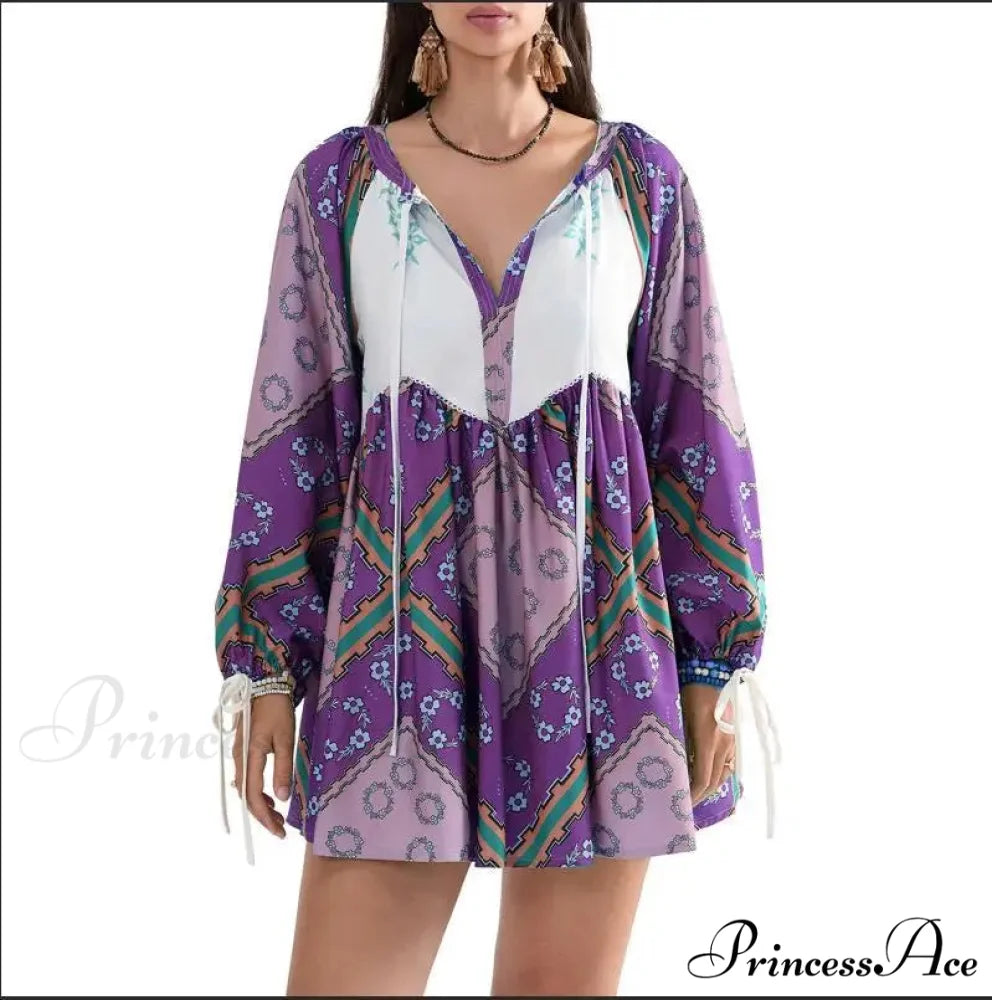 Flowy Flower Bohemian Short Dress PURPLE / S bohodress-250126