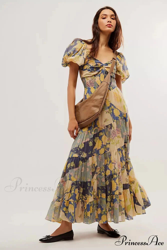 Flowy Maxi Dress Flower Pattern Balloon Sleeve APRICOT / S bohodress-250126