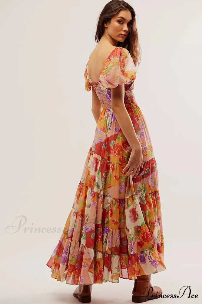 Flowy Maxi Dress Flower Pattern Balloon Sleeve bohodress-250126
