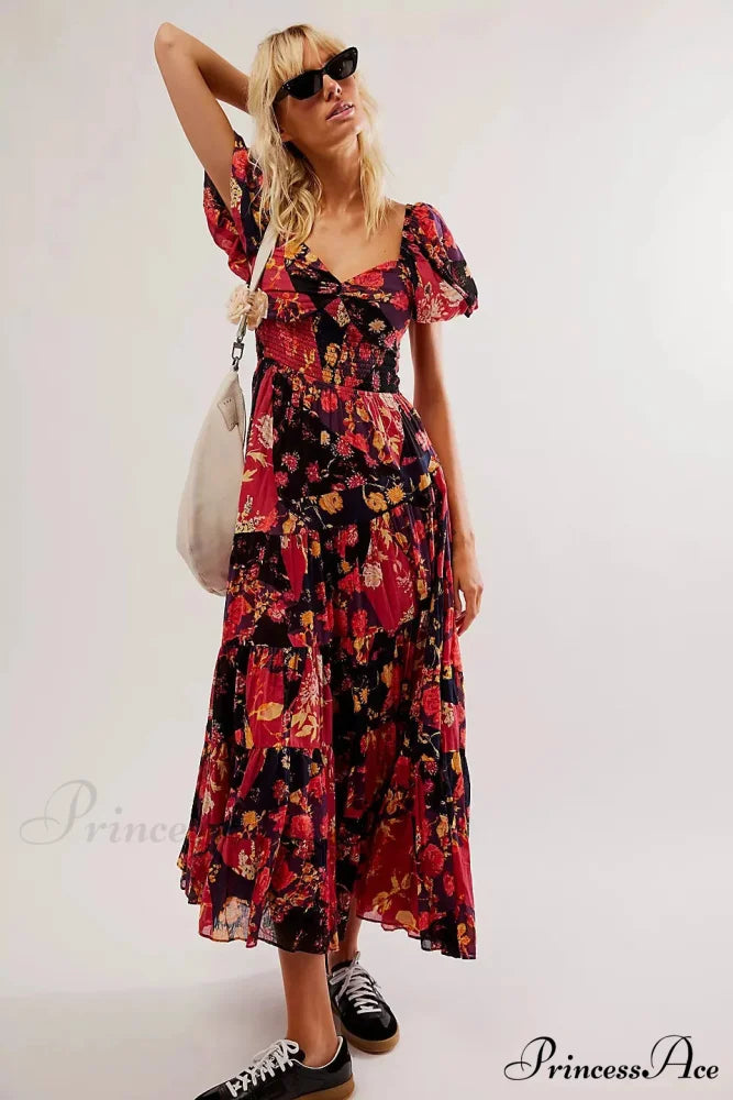 Flowy Maxi Dress Flower Pattern Balloon Sleeve bohodress-250126