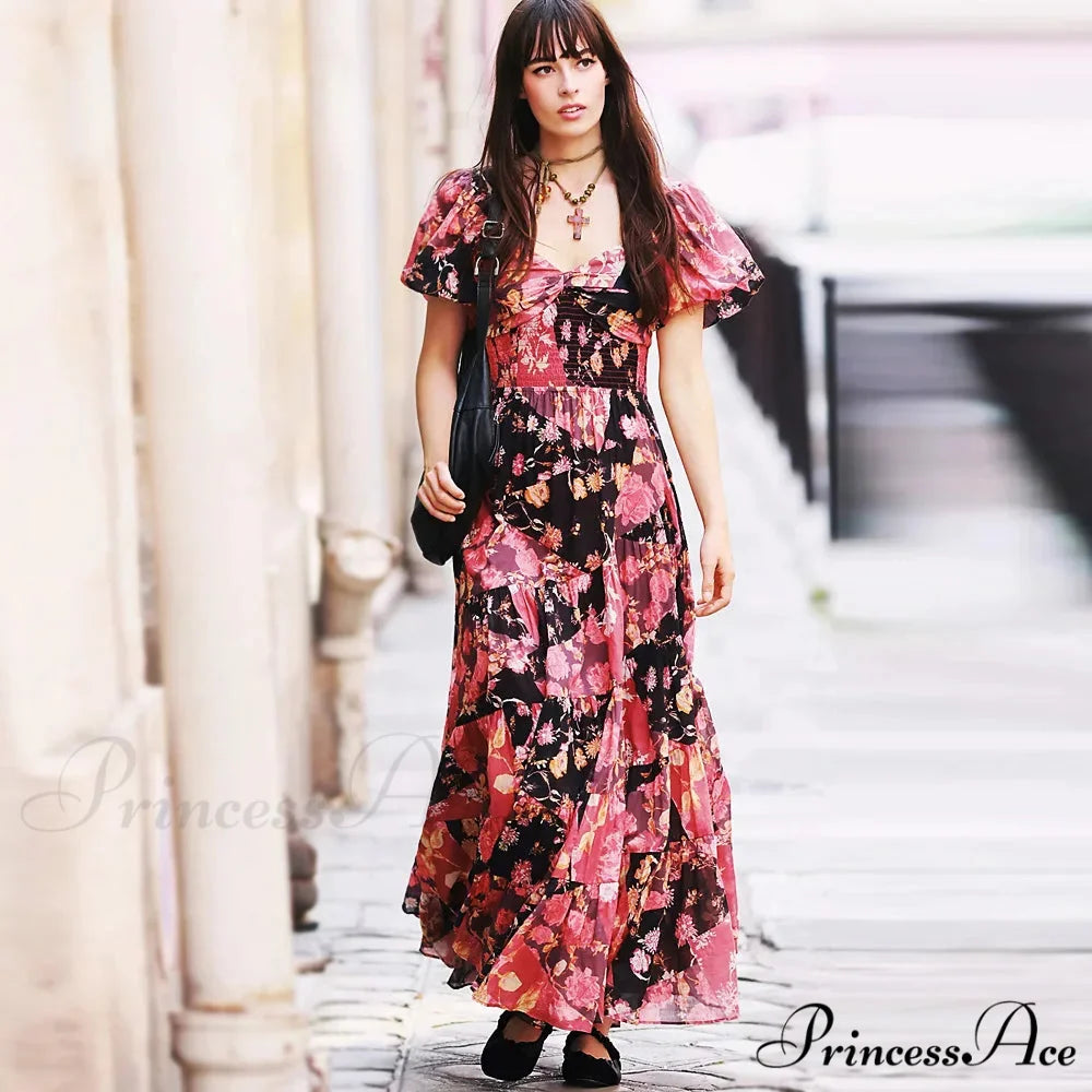 Flowy Maxi Dress Flower Pattern Balloon Sleeve bohodress-250126