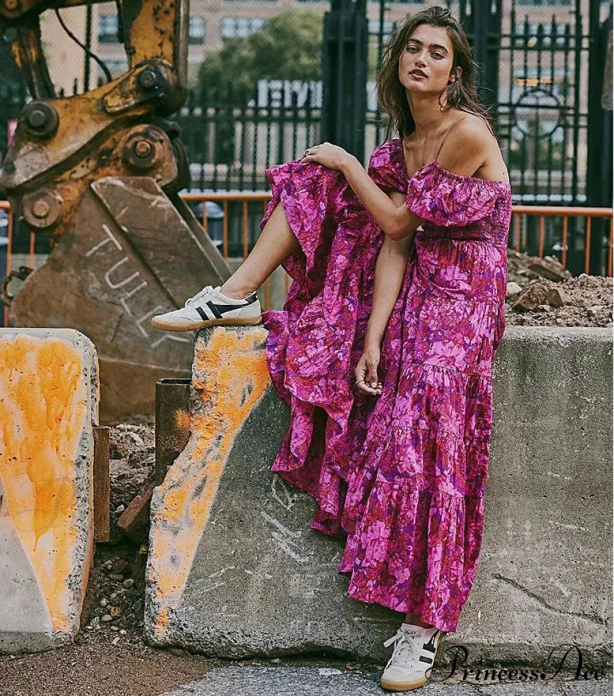 Flowy Maxi Dress Flower Pattern Balloon Sleeve bohodress-250126