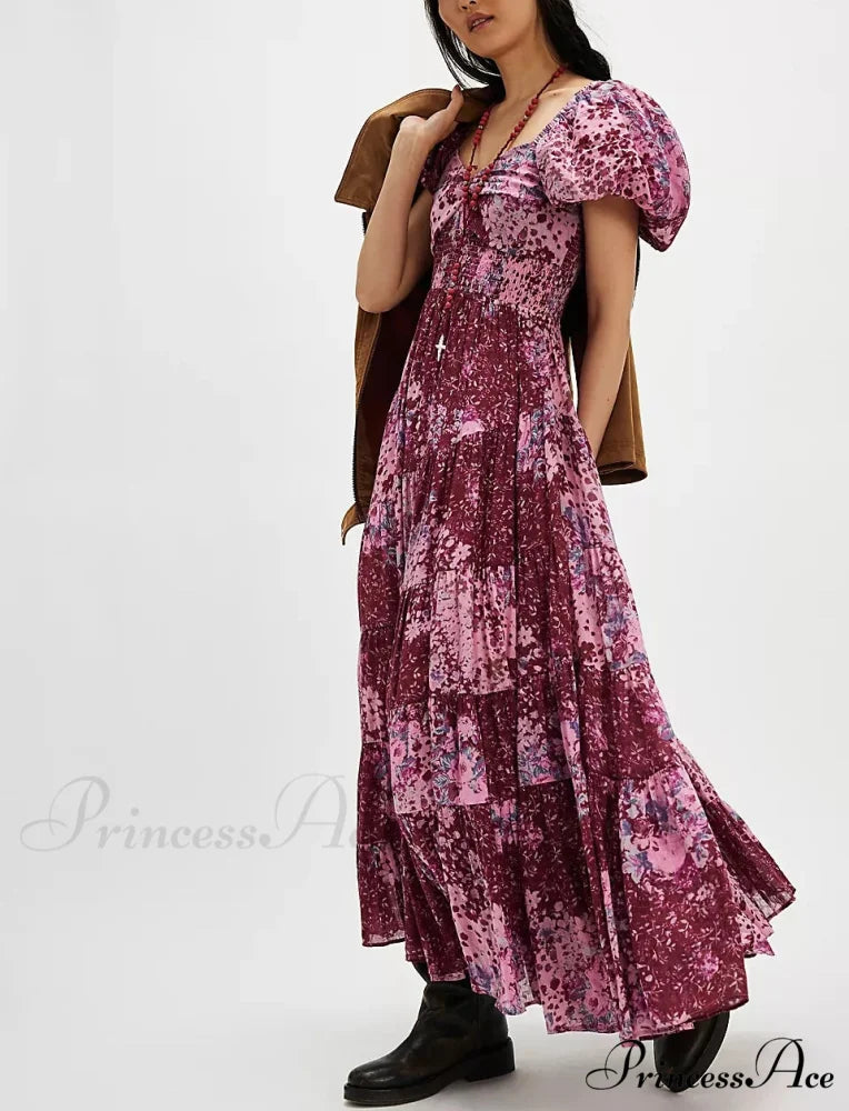 Flowy Maxi Dress Flower Pattern Balloon Sleeve CORAL RED / S bohodress-250126