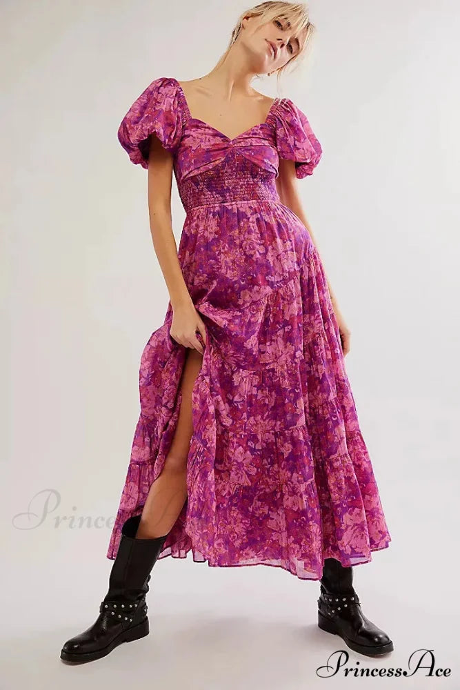 Flowy Maxi Dress Flower Pattern Balloon Sleeve Fuchsia / S bohodress-250126