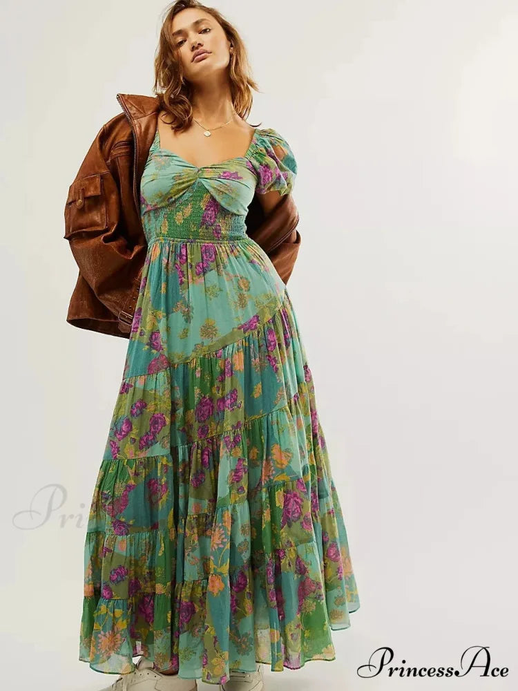 Flowy Maxi Dress Flower Pattern Balloon Sleeve Light Green / S bohodress-250126