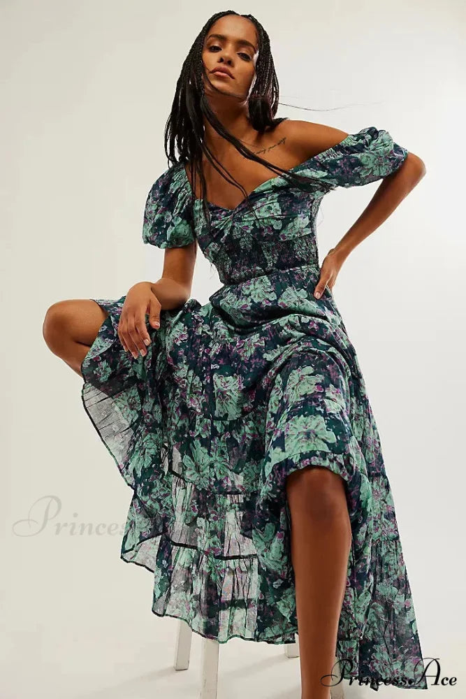 Flowy Maxi Dress Flower Pattern Balloon Sleeve Navy Blue / S bohodress-250126