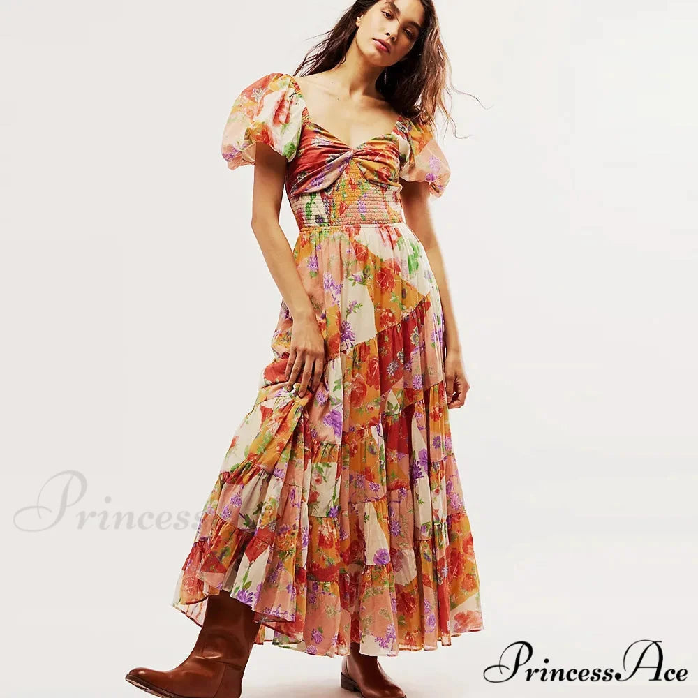Flowy Maxi Dress Flower Pattern Balloon Sleeve Orange / S bohodress-250126