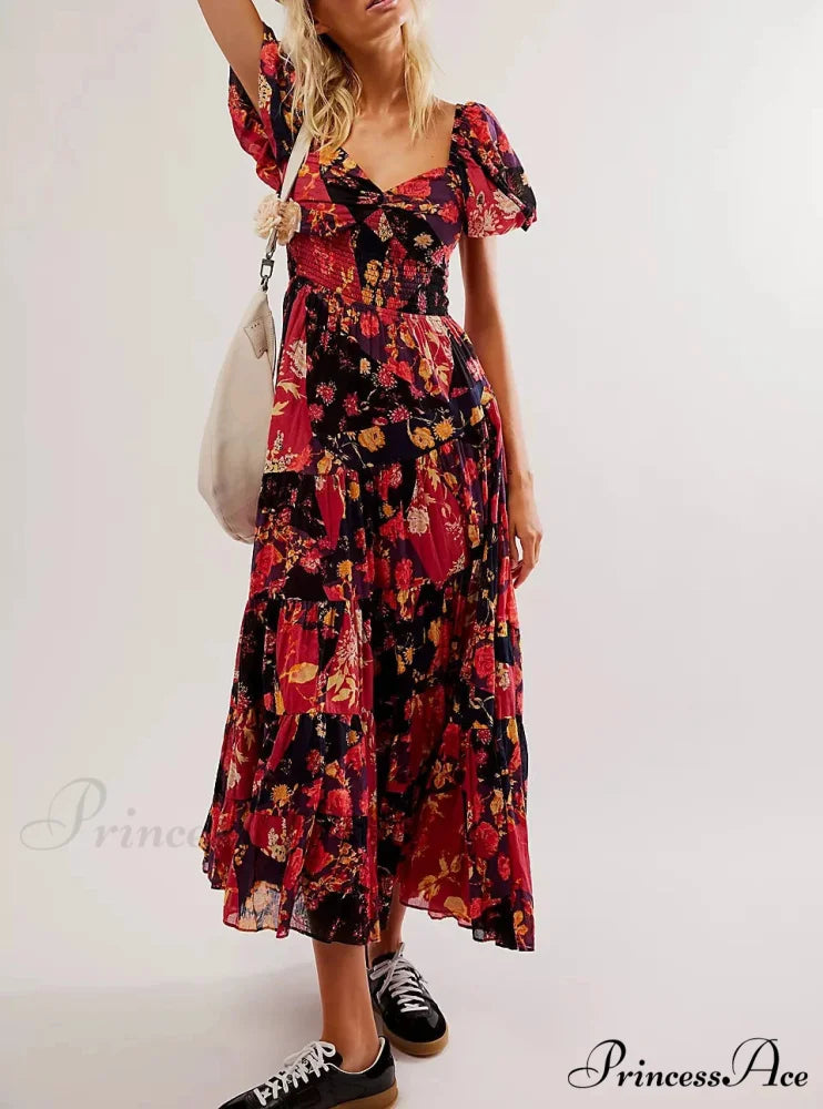 Flowy Maxi Dress Flower Pattern Balloon Sleeve Red / S bohodress-250126