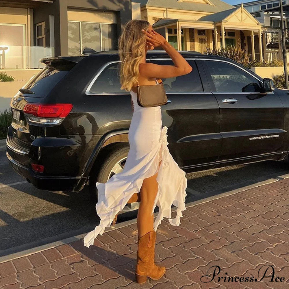 Flowy Ruffle Flower Trim High Split Sophisticated Strapless Party Midi Dress - Black L / White