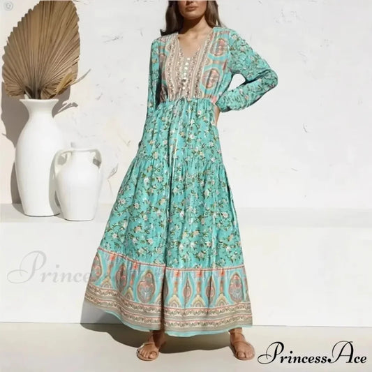 Flowy Sleeve Baggy V-neck Emerald Floral Print Summer Maxi Boho Dress GREEN / S bohodress-250126