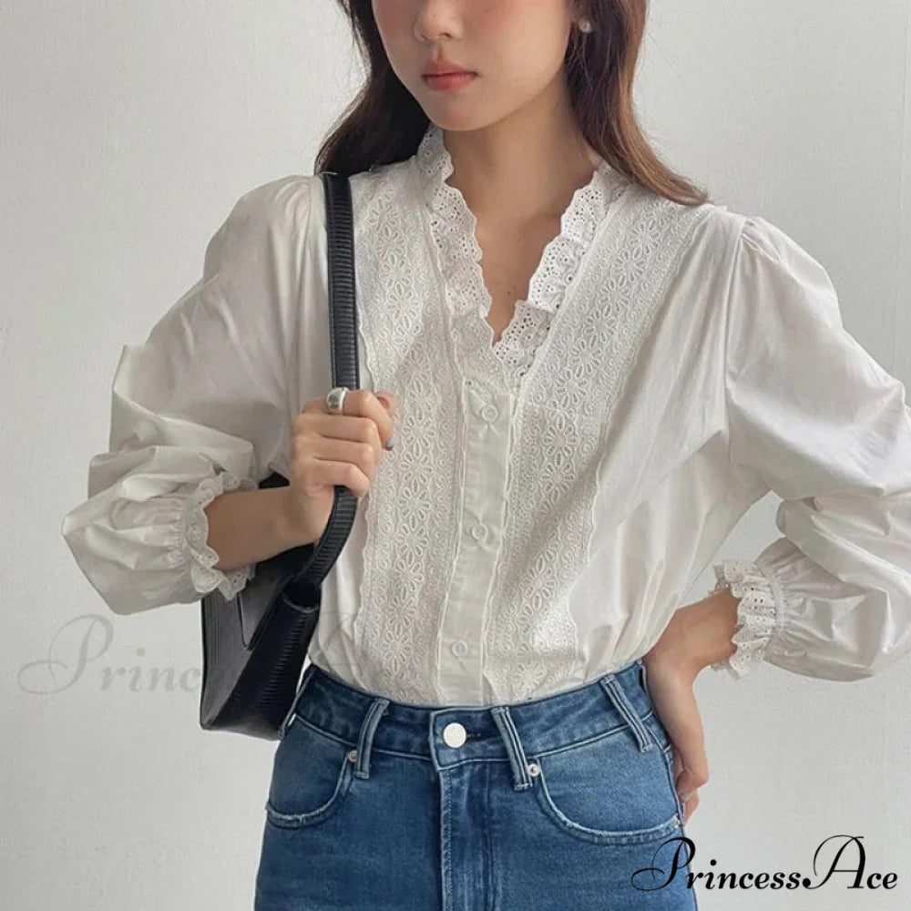 Flowy Sleeve Frills V-Neck Cotton Bohemian Work Blouse white / One Size bohoblouse-250126