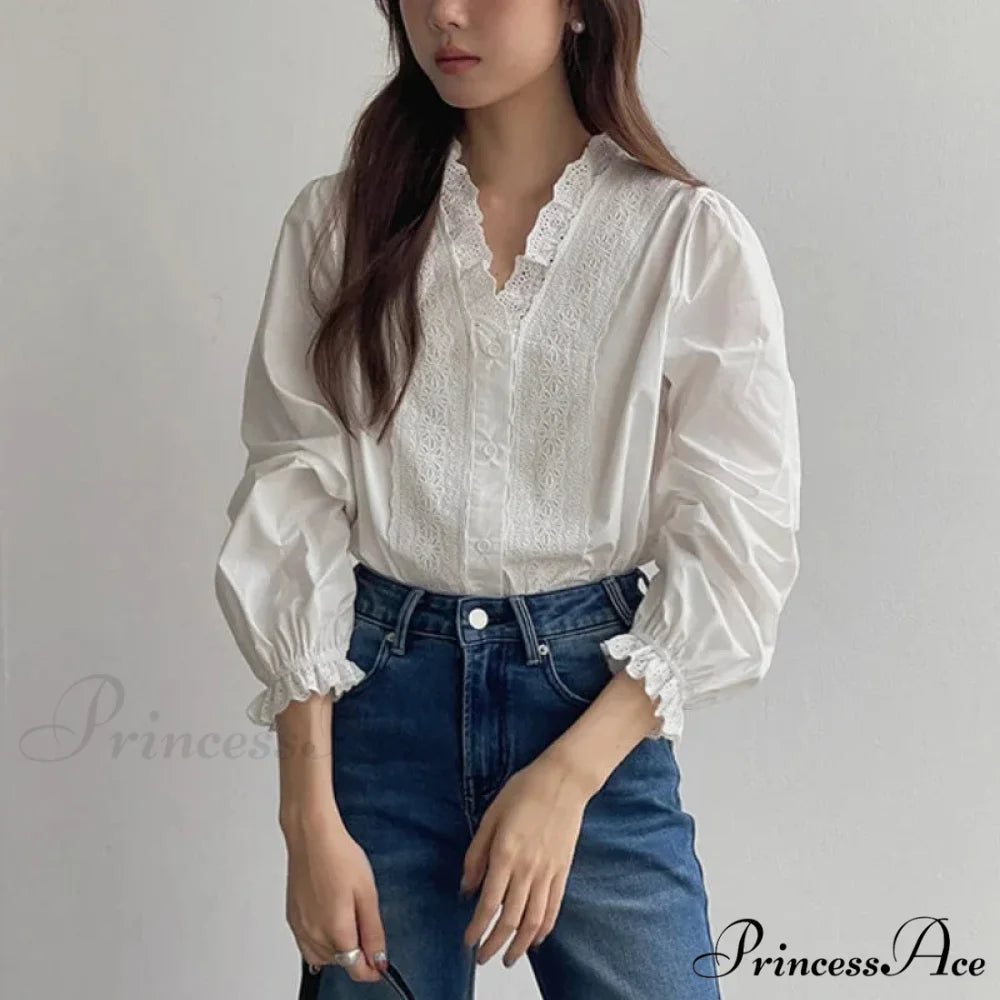Flowy Sleeve Frills V-Neck Cotton Bohemian Work Blouse white / One Size bohoblouse-250126