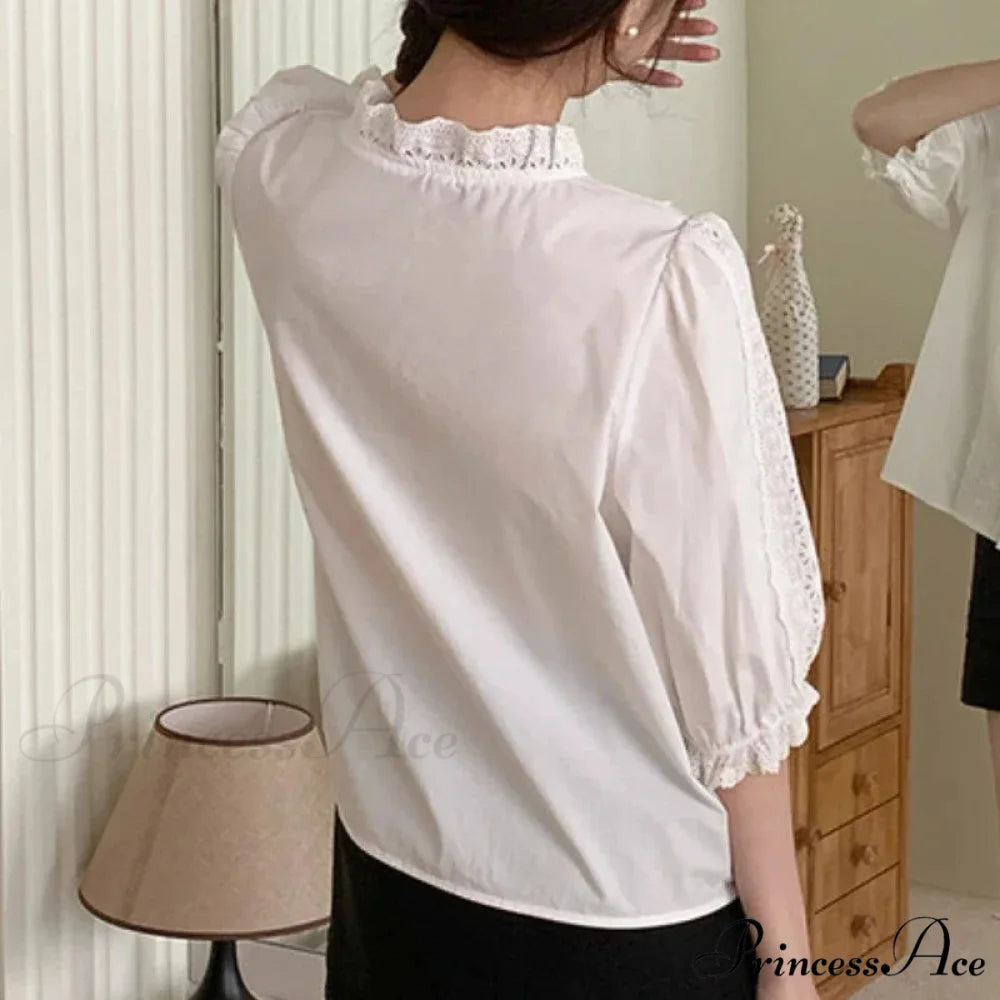 Flowy Sleeve Frills V-Neck Cotton Bohemian Work Blouse white / One Size bohoblouse-250126