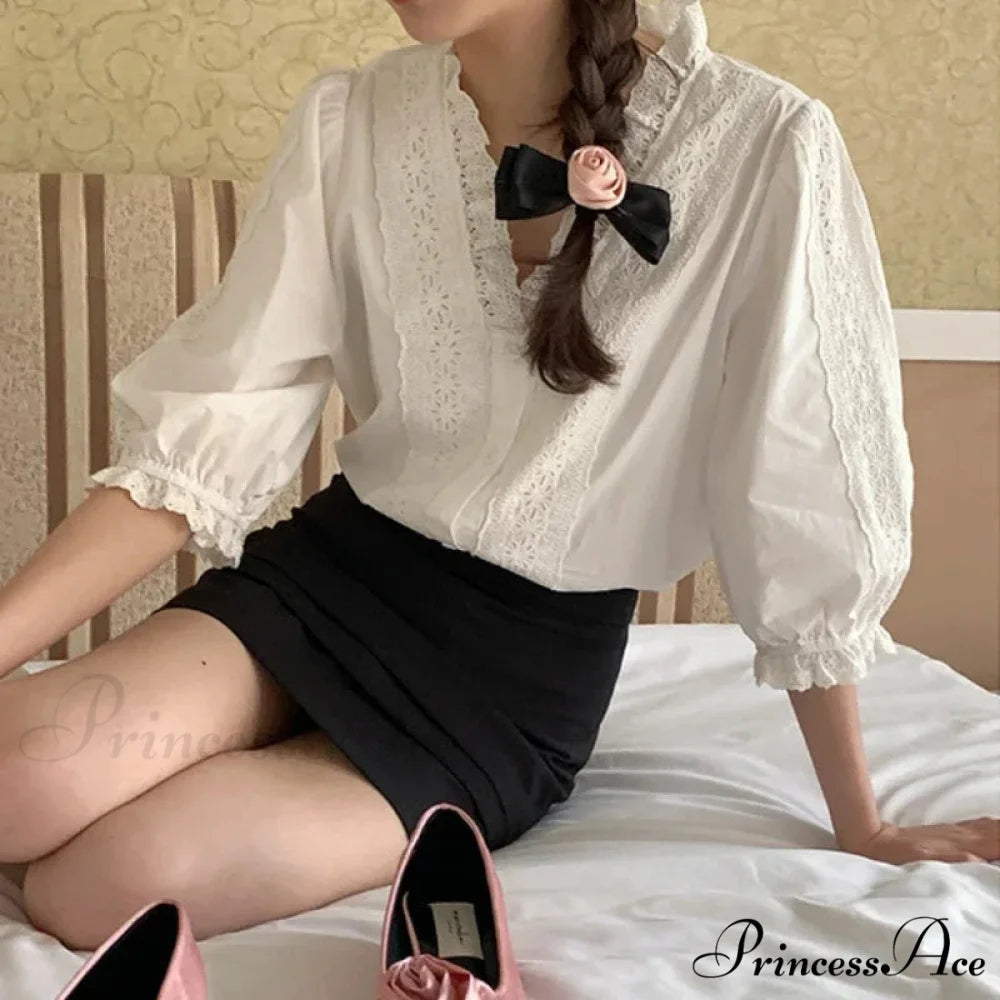 Flowy Sleeve Frills V-Neck Cotton Bohemian Work Blouse white / One Size bohoblouse-250126