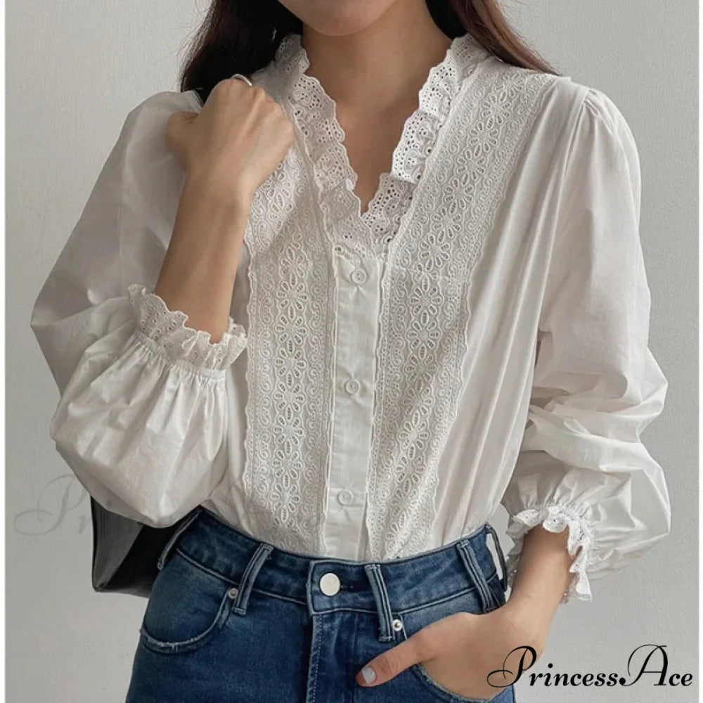 Flowy Sleeve Frills V-Neck Cotton Bohemian Work Blouse white / One Size bohoblouse-250126