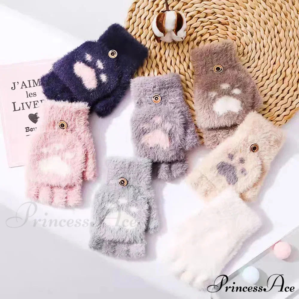 Fluffy Bear Cat Paw Claw Fingerless Winter Gloves - Korean Style Gift for Christmas