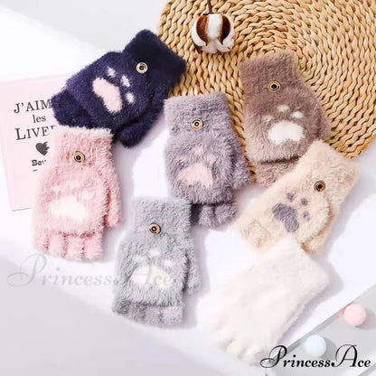 Fluffy Bear Cat Paw Claw Fingerless Winter Gloves - Korean Style Gift for Christmas