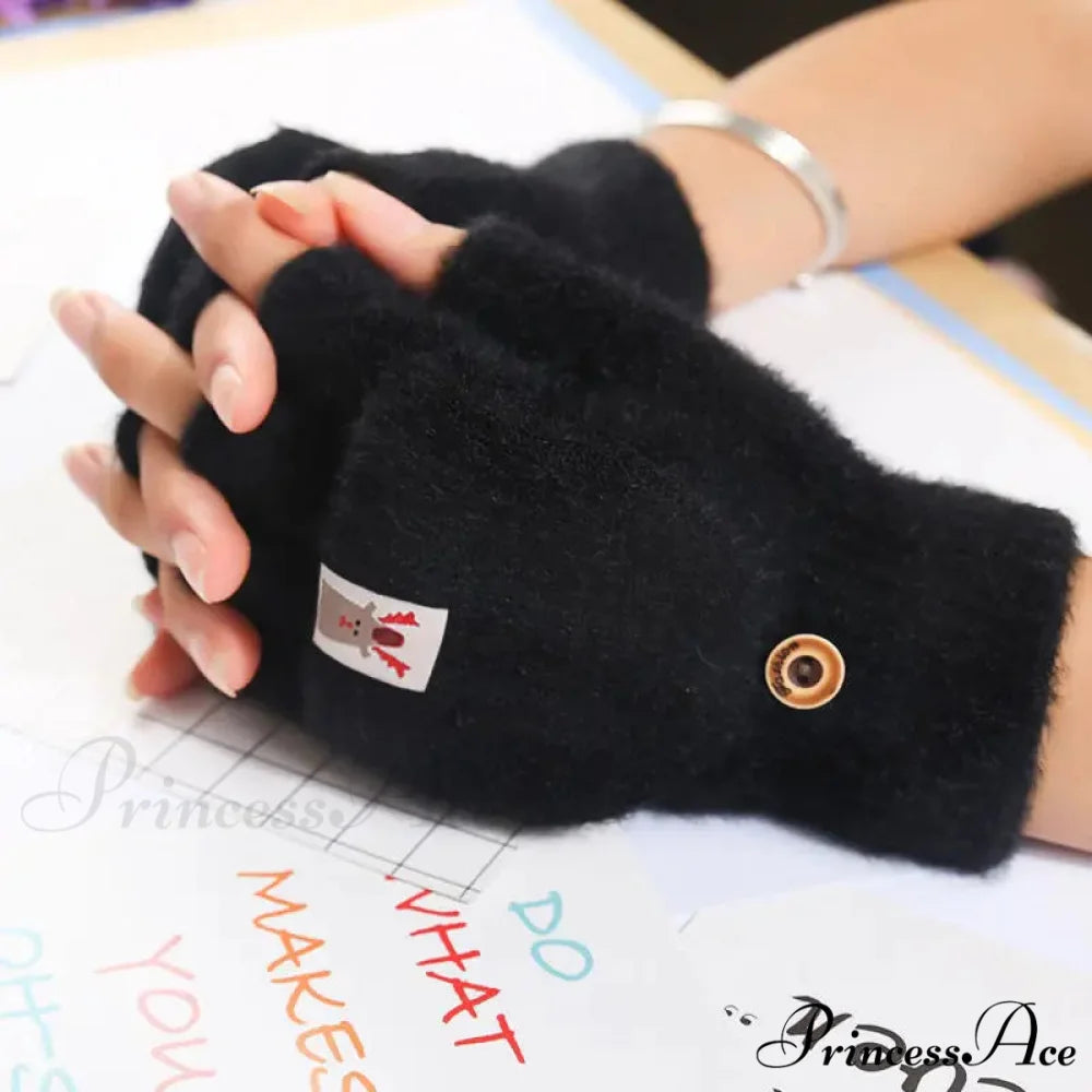Fluffy Bear Cat Paw Claw Fingerless Winter Gloves - Korean Style Gift for Christmas B-black