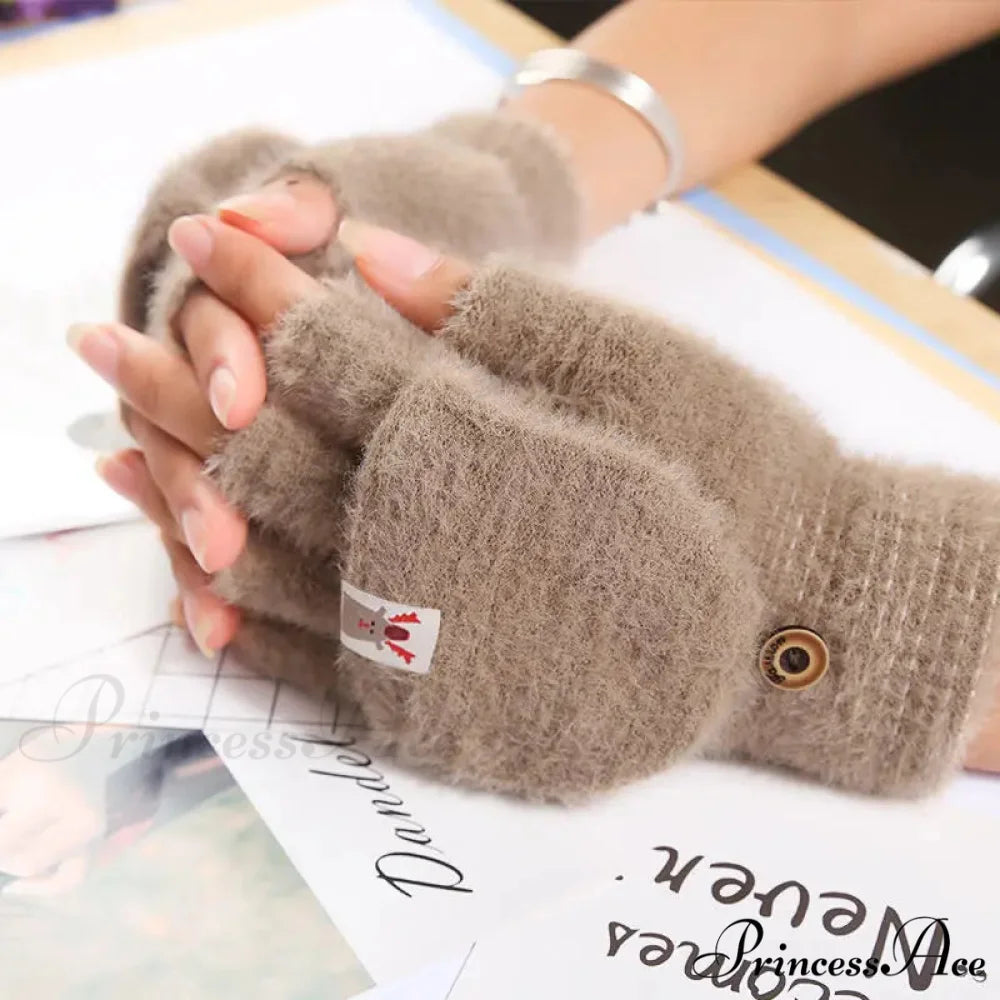 Fluffy Bear Cat Paw Claw Fingerless Winter Gloves - Korean Style Gift for Christmas B-camel