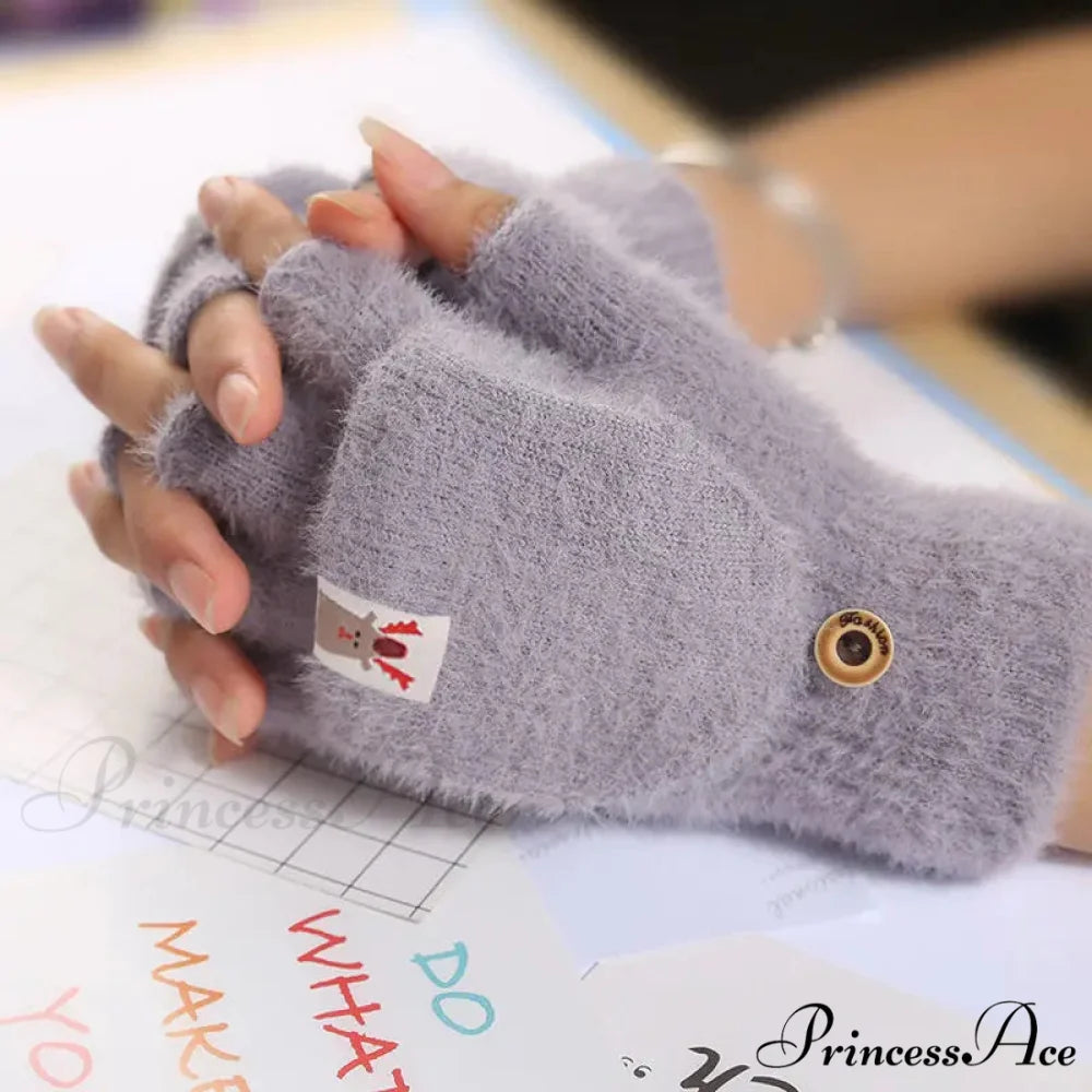 Fluffy Bear Cat Paw Claw Fingerless Winter Gloves - Korean Style Gift for Christmas B-grey