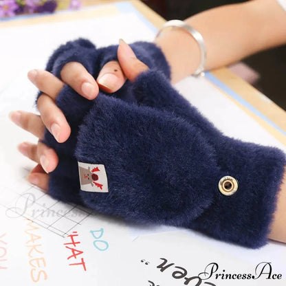 Fluffy Bear Cat Paw Claw Fingerless Winter Gloves - Korean Style Gift for Christmas B-navy blue
