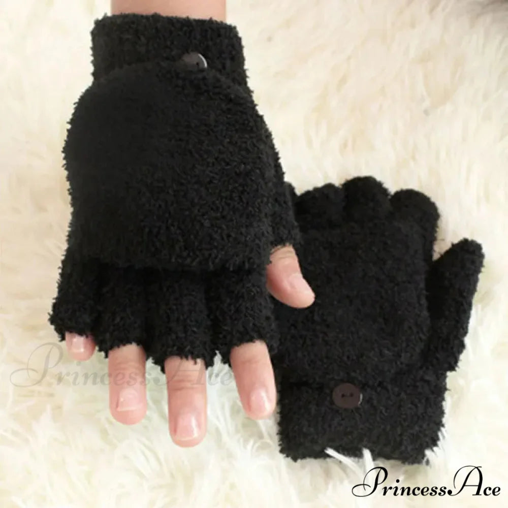 Fluffy Bear Cat Paw Claw Fingerless Winter Gloves - Korean Style Gift for Christmas D-black
