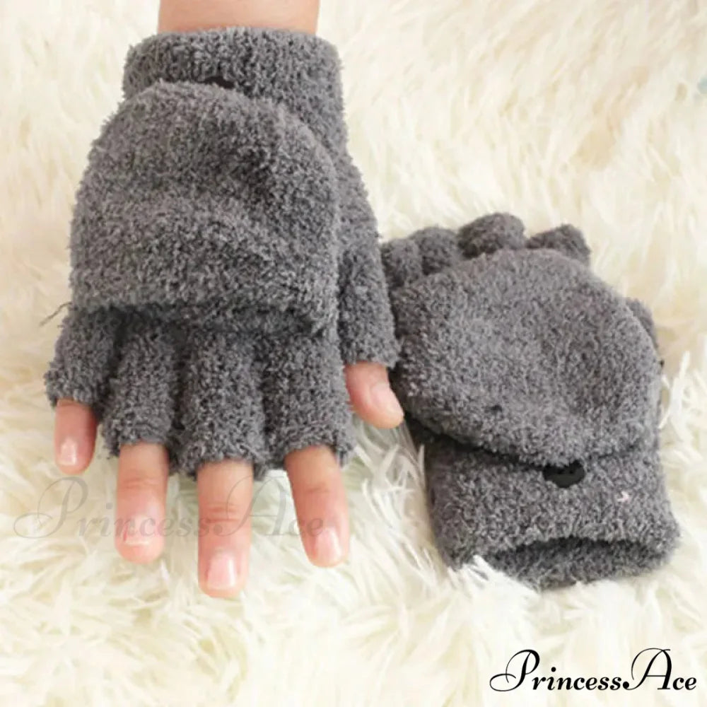 Fluffy Bear Cat Paw Claw Fingerless Winter Gloves - Korean Style Gift for Christmas D-grey