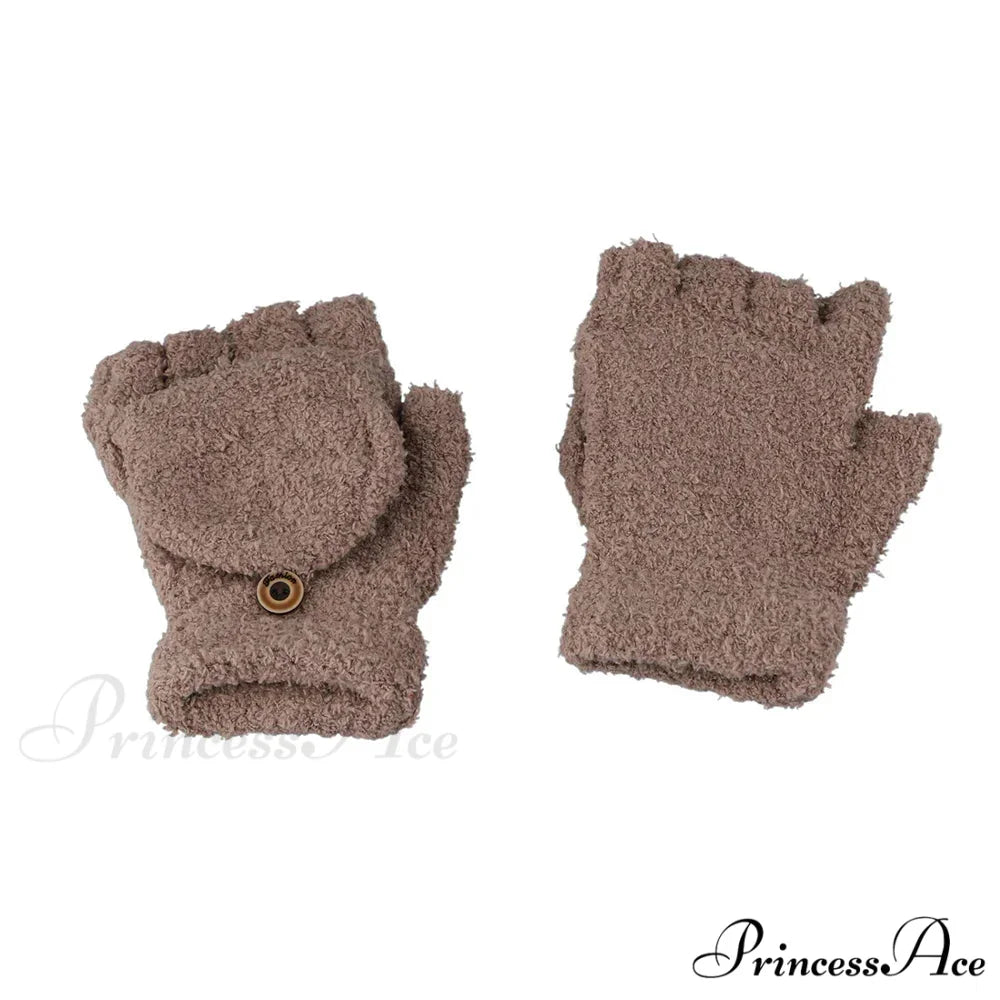 Fluffy Bear Cat Paw Claw Fingerless Winter Gloves - Korean Style Gift for Christmas D-khaki