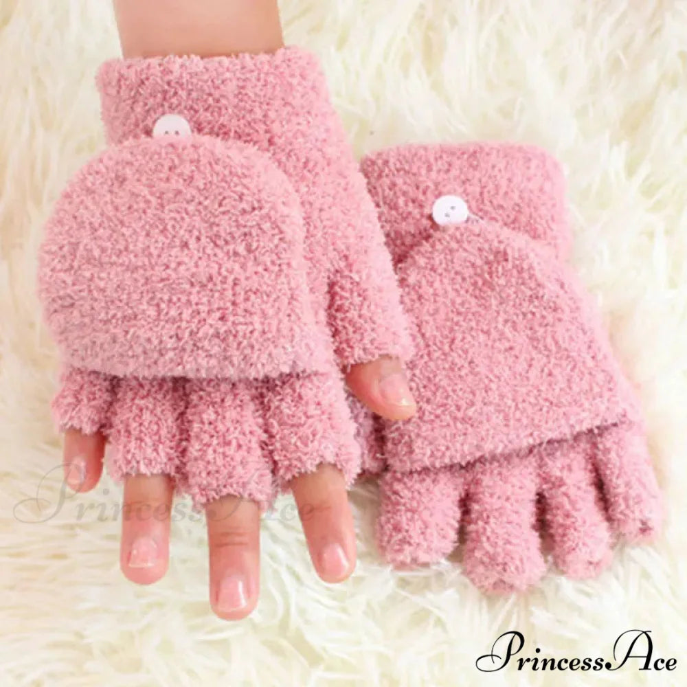 Fluffy Bear Cat Paw Claw Fingerless Winter Gloves - Korean Style Gift for Christmas D-pink