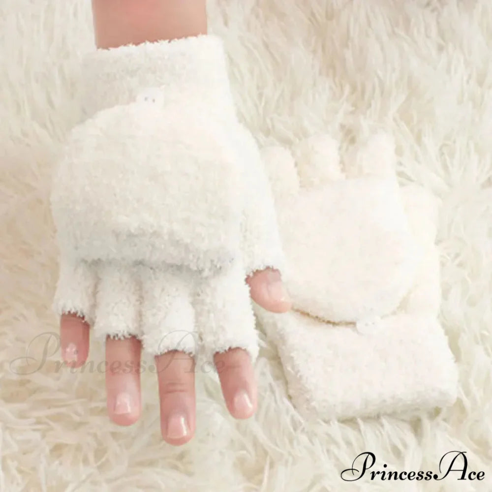 Fluffy Bear Cat Paw Claw Fingerless Winter Gloves - Korean Style Gift for Christmas D-white