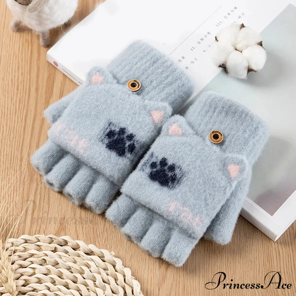 Fluffy Bear Cat Paw Claw Fingerless Winter Gloves - Korean Style Gift for Christmas E-blue
