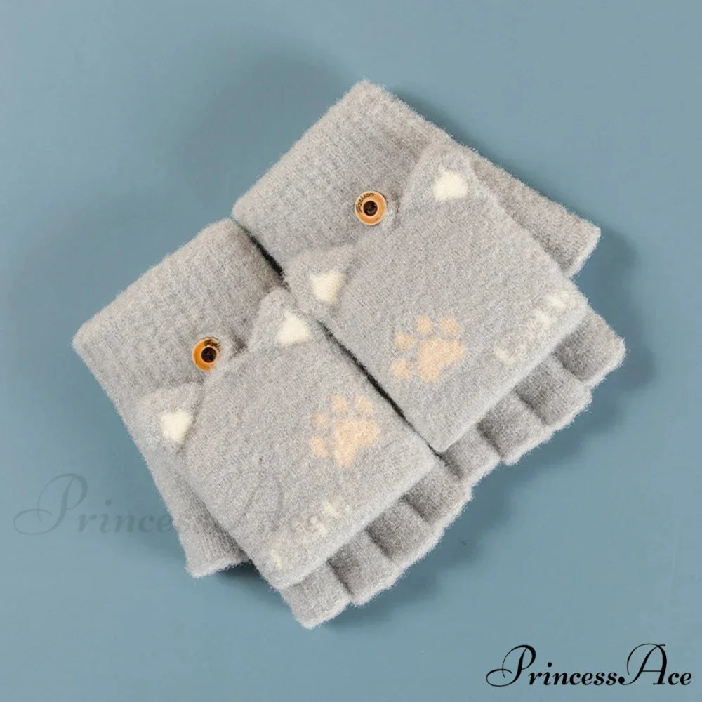 Fluffy Bear Cat Paw Claw Fingerless Winter Gloves - Korean Style Gift for Christmas E-grey