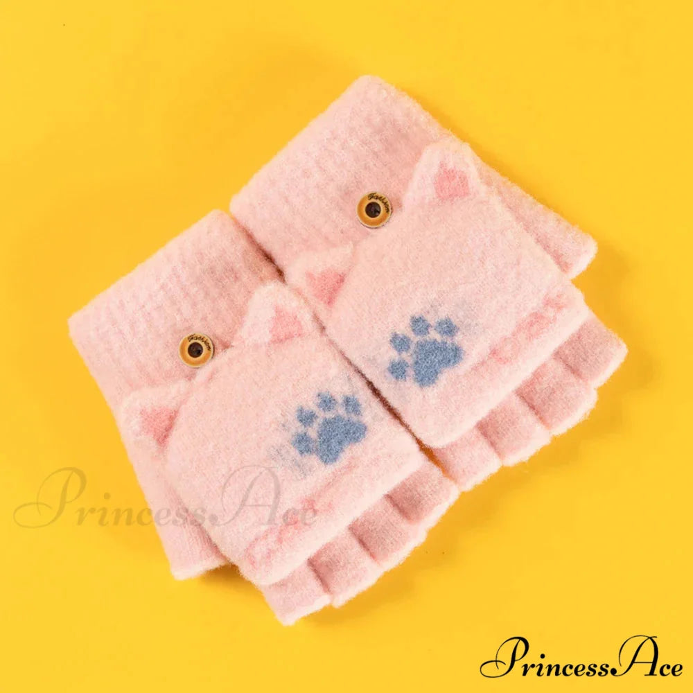 Fluffy Bear Cat Paw Claw Fingerless Winter Gloves - Korean Style Gift for Christmas E-light pink