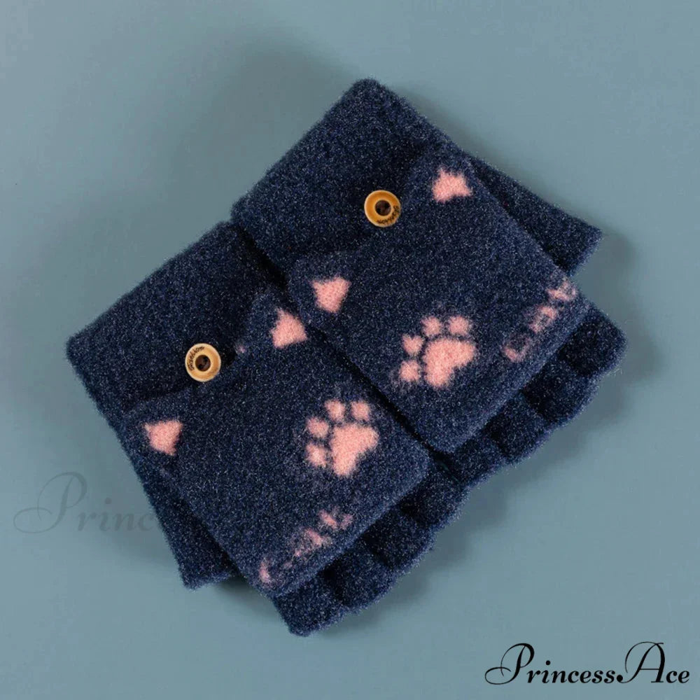 Fluffy Bear Cat Paw Claw Fingerless Winter Gloves - Korean Style Gift for Christmas E-navy blue