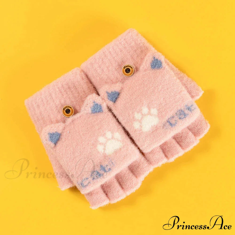 Fluffy Bear Cat Paw Claw Fingerless Winter Gloves - Korean Style Gift for Christmas E-pink