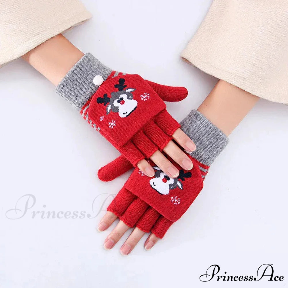 Fluffy Bear Cat Paw Claw Fingerless Winter Gloves - Korean Style Gift for Christmas red 5